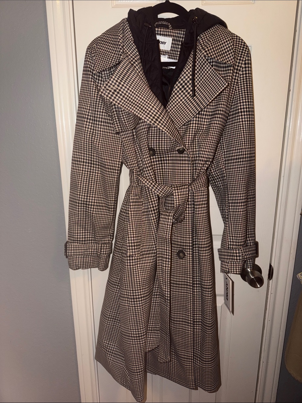 DKNY Black & White Houndstooth Double-Breasted Trench Coat with Hooded Liner